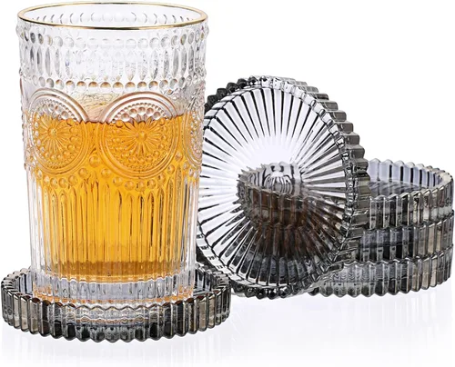 Vista 17 de JUXYES Juego de 5 posavasos de cristal tono ámbar redondos, tapetes para tazas de vidrio, posavasos para bebidas, café, té, vino, posavasos
