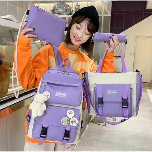 Vista 5 de Teslawi Kawaii - Juego de 4 mochilas estéticas de 17 pulgadas, con colgantes Kawaii, bolsa cruzada, estuche para lápices, bolso, (Púrpura), Mochila