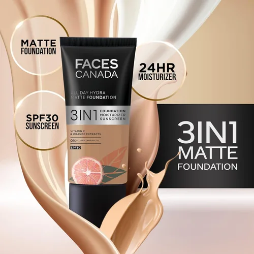 Vista 5 de FACESCANADA All Day Hydra Matte Foundation With SPF 30 - Rose Ivory Protector solar hidratante 3 en 1 Sin aceite con vitamina C 0.85 onzas
