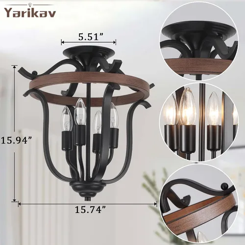 Vista 3 de Candelabro de 4 luces estilo granja, lámpara de techo de montaje empotrado vintage rústica mini, lámpara de araña de metal negro y madera artificial