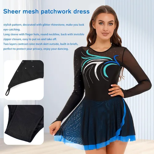 Vista 6 de Vestidos líricos de patinaje artístico para mujer, leotardos de baile de diamantes de imitación, uniformes de baile de ballet mayorette