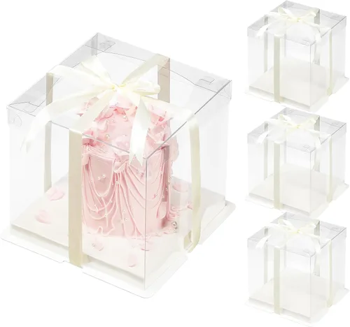 Vista 11 de 24 cajas de regalo transparentes con cinta de 2 capas de 6.7 x 6.7 x 7.8 pulgadas, caja transparente para tartas con tapas, cajas de embalaje