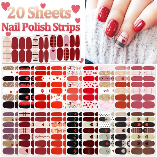 Vista 2 de 20 hojas de calcomanías de esmalte de uñas para el día de San Valentín, calcomanías para mujeres, tiras de uñas de gel, tiras de esmalte de uñas
