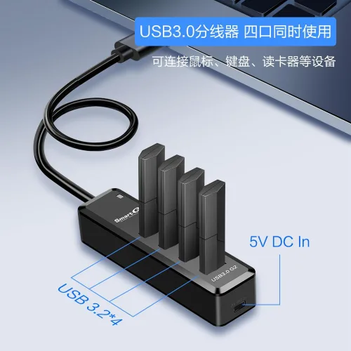 Vista 2 de SmartQ H302Pro Hub USB C, concentrador USB 3.2 SuperSpeed de 4 puertos con cable de extensión de 1 pie, compatible con carga, compatible