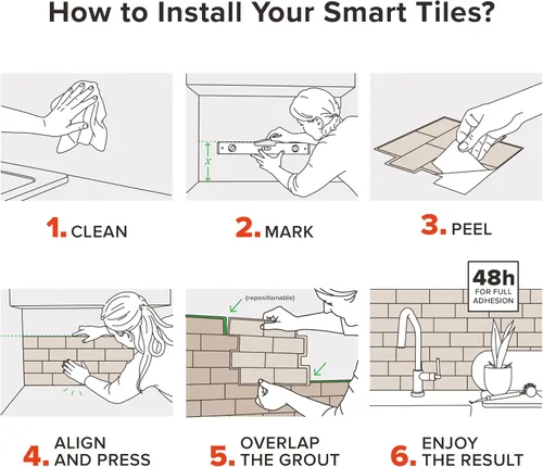 Vista 6 de SMART TILES Protector contra salpicaduras despegar y pegar - 5 hojas de 9.36" x 9.73" - Azulejo adhesivo 3D despegar y pegar para protector contra