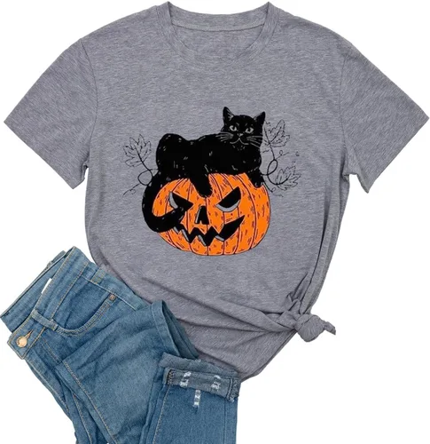 Vista 15 de Woffccrd - Camisetas divertidas con estampado de calabaza y leopardo para mujer, camisetas gráficas de manga corta de Halloween para mujer