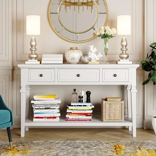 Vista 3 de 50'' Console Table Classic Retro Style Sofa Table with Three Top Drawers and Open Style Bottom Shelf Large Storage Space for Hallway, Entryway