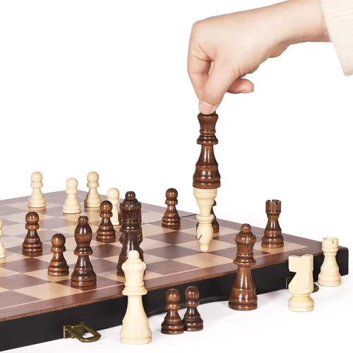 Vista 9 de BIVOMON Juego de ajedrez magnético de madera de 15 pulgadas, juego de mesa único de ajedrez con ranuras de almacenamiento de piezas de ajedrez