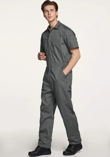 Vista 3 de CQR - Overol para hombre con manga corta, cremallera frontal, múltiples bolsillos, resistente a las manchas y a las arrugas
