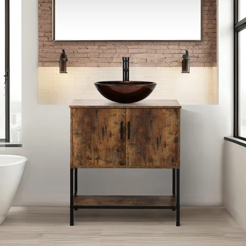 Vista 48 de UEV Juego de tocador de baño antiguo de 24 pulgadas, color marrón oscuro con lavabo, armario de baño de madera de hierro con grifo de temperatura