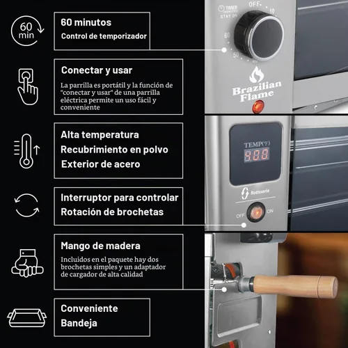 Vista 8 de Asador de llama brasileña para interiores o exteriores, con 2 pinchos giratorios automáticos para pollo, filete, pescado, barbacoa