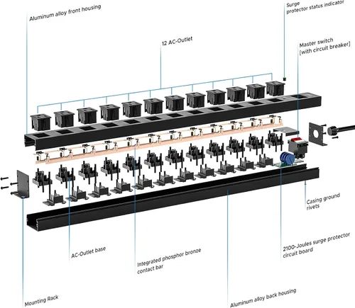 Vista 6 de CRST Regleta de alimentación larga de metal de 12 salidas, Protector contra sobretensiones resistente montable, 2100J, espaciado amplio, cable de 6