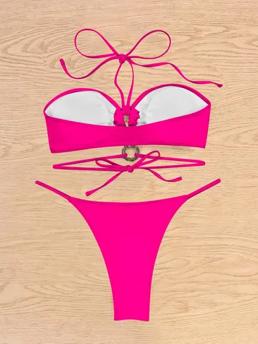 Vista 2 de GORGLITTER Traje de baño con anillo para mujer, top halter inalámbrico, corte alto, conjunto de bikini