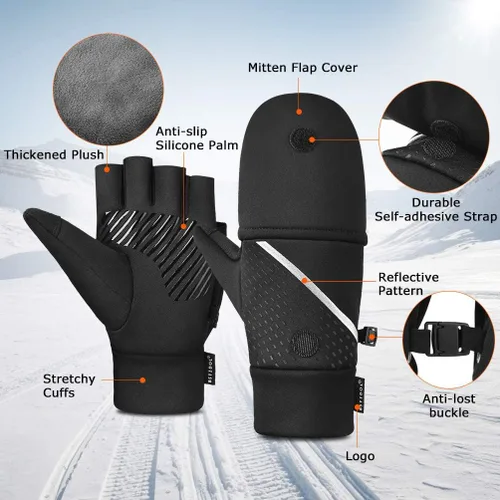 Vista 2 de Guantes convertibles de invierno sin dedos con guante térmico cálido para clima frío cálido polar para hombres y mujeres para fotografía de mensajes