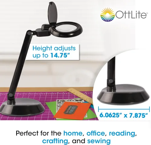 Vista 5 de OttLite Lámpara de escritorio LED con lupa que ahorra espacio, aumento de grado óptico, brazo ajustable, cabezal giratorio, portátil para viajar