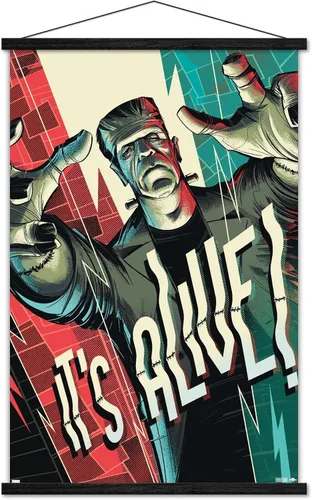 Vista 8 de Frankenstein - Póster de pared It's Alive by César Moreno, 22.4 pulgadas de largo x 14.7 pulgadas de ancho, versión enmarcada en madera de granero