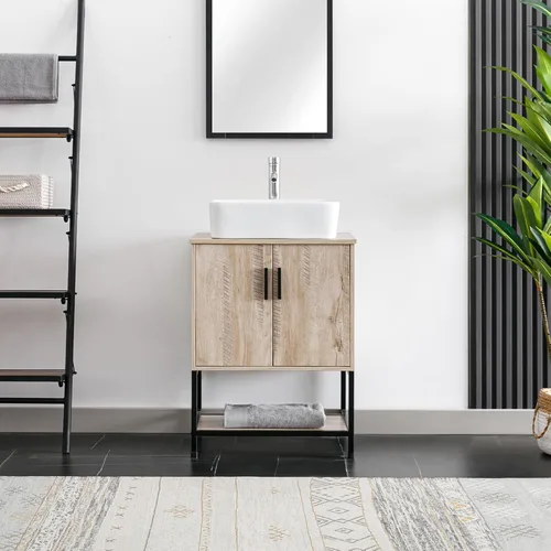 Vista 13 de eclife Lavabo de tocador de baño de 24 pulgadas, gabinete de metal moderno con estante inferior, fregadero azul para barco y grifo de ahorro de agua