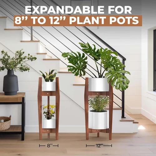 Vista 3 de Rocca - Soporte ajustable de 2 niveles de ancho de 8" a 12" apilable de bambú para plantas altas de interior, soporte de esquina de madera