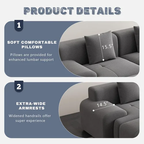 Vista 4 de Sofá Seccional Modular Cloud de 120", Sofá Sin Estructura, Sofás Tapizados en Forma de L con Asiento Profundo, Sofás de Pana Modernos y Acogedores