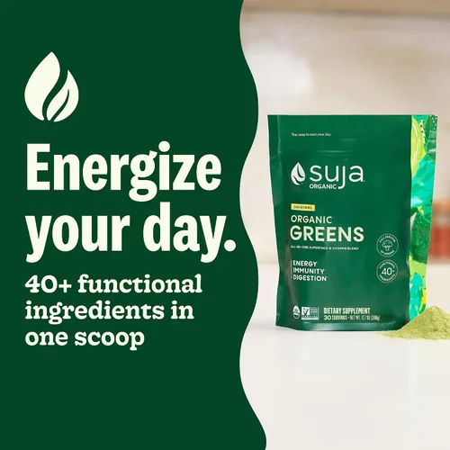 Vista 2 de Suja Organic Greens - Mezcla probiótica en polvo, espirulina, bebida diaria de superalimentos o mezcla de batidos para apoyo inmunológico, digestión