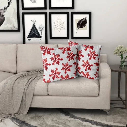 Vista 6 de Juego de 2 fundas de almohada de invierno de copos de nieve rojos de 18 x 18 pulgadas, fundas de almohada blancas de copos de nieve que caen, fundas
