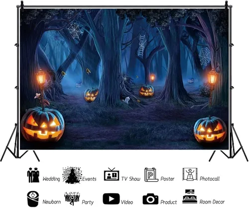Vista 3 de Renaiss Telón de fondo de Halloween con telaraña, árboles, lámpara de calabaza, bosque sombrío, fotografía, fondo espeluznante, luz de luna