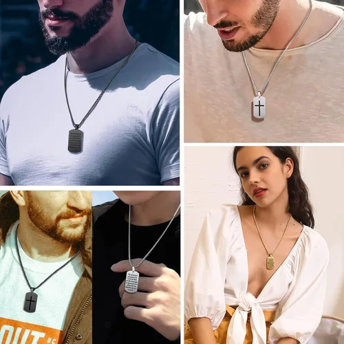 Vista 2 de Prosteel - Colgante de cruz de acero inoxidable para hombre y mujer, colgante de placa de perro, etiqueta militar con palabras, collar inspirador