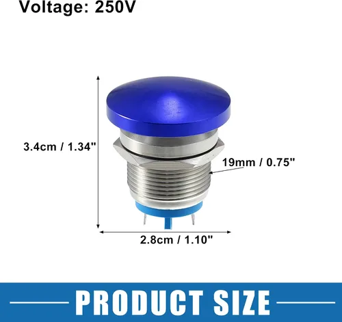 Vista 4 de Impermeable IP65 Momentaria Cabeza de Seta Interruptor de Botón para Coche Metal 0.748 in 3A 250V Botón Interruptor Azul (Juego de 2)