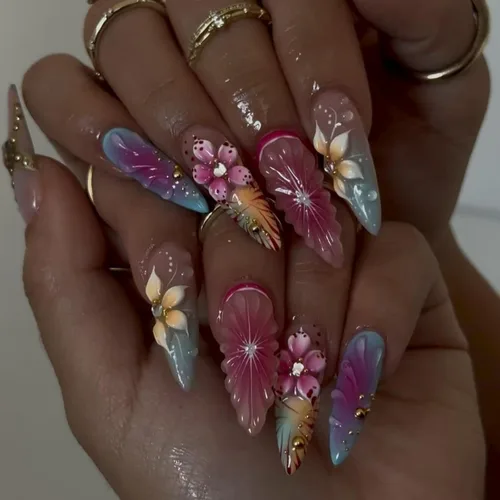 Vista 34 de NBNTGH Uñas postizas a presión de punta francesa blanca, uñas postizas de línea dorada, uñas postizas medianas con diseño de almendra, uñas postizas