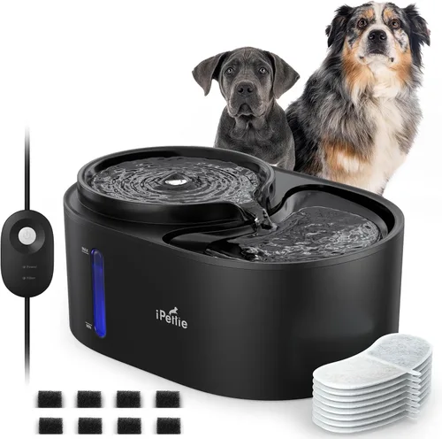Vista 8 de iPettie Fuente de agua para perros en cascada, agua filtrada higiénica de 5 etapas, 2 alturas para beber, alerta de escasez de agua, luz nocturna