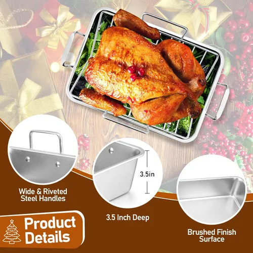 Vista 4 de Sartén para asar con estante para pavo y pollo, sartén para asar de acero inoxidable Joyfair y estante en V para horno tostador, utensilio de horneo