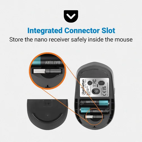 Vista 8 de MANHATTAN Ratón de viaje compacto inalámbrico – RF de 2.4 GHz, 800/1200/1600 dpi, seis botones con rueda de desplazamiento, adaptador receptor USB-A
