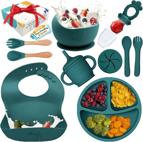 Vista 11 de Juego de alimentación de silicona para bebés, 10 suministros de destete LED para bebés, platos para bebés sin BPA con platos y cuencos para niños