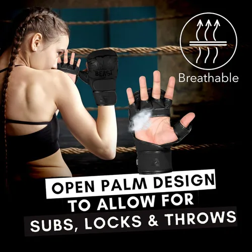 Vista 7 de BEAST RAGE Guantes MMA para Hombres Mujeres, Muñequeras Ajustables de Palma Abierta para Artes Marciales Grappling Sparring para Muay Thai Lucha