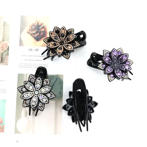 Vista 6 de inSowni Juego de 4 Pinzas para el pelo de lujo con brillos de fantasía, cristales brillantes, decorativas, de plástico, con flores, clips de garra