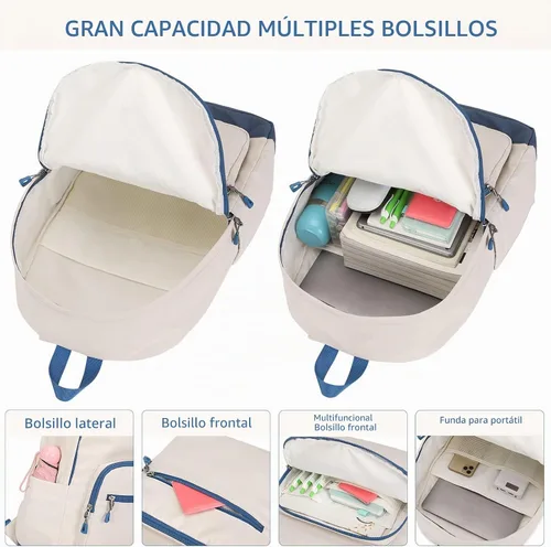 Vista 4 de Lohol Mochila clásica para niñas, niños y adolescentes, bolsa ligera para libros, escuela, viajes, universidad (beige/azul)