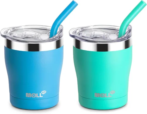 Vista 21 de Taza para niños Mollcity - Vaso de 9 oz con tapa y pajita de acero inoxidable, vaso aislado al vacío de doble pared para niños, a prueba