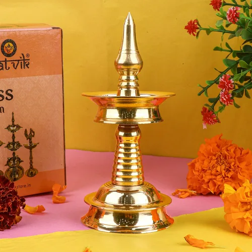 Vista 7 de SATVIK - 1 pieza de 4 pulgadas de latón de pie de metal Kerala Samai Diwali Deepak para Puja tradicional Panchmahal Pooja Deepam Diya lámpara