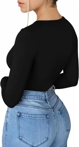 Vista 3 de MANGOPOP Camiseta de manga larga con cuello en V para mujer, ajustada, camiseta tipo túnica