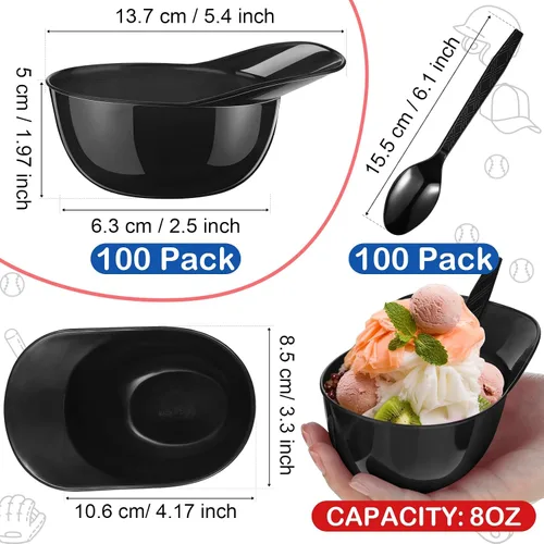 Vista 2 de Tanlade Juego de 100 cuencos para casco de béisbol con cucharas de 8 onzas, mini helado, postre y gorra de béisbol, cuencos de plástico para casco