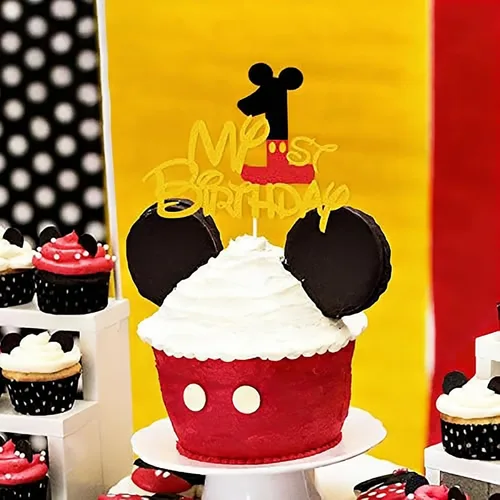 Vista 3 de Decoración de pastel de cumpleaños con purpurina dorada, tema de ratón, decoración de pastel de primer cumpleaños, decoración de fiesta de un año