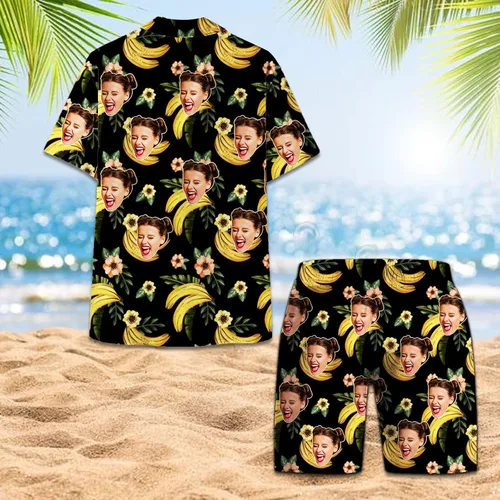Vista 7 de The Mighty Myth Personalized Custom Face Tropical Unisex Hawaiian Shirt and Shorts Set with Bucket Hat S-5XL