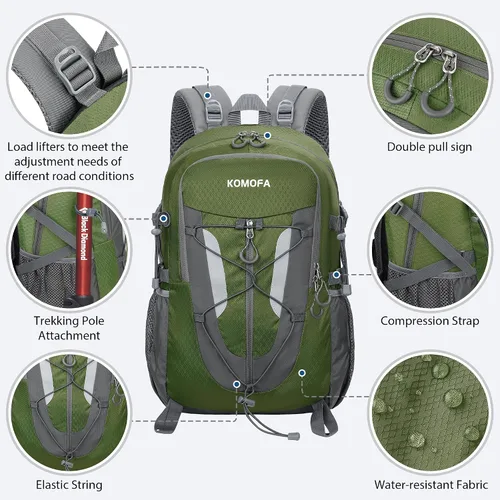 Vista 3 de Mochila de senderismo de 30 L, ligera, mochila de viaje pequeña para hombres y mujeres, para acampar al aire libre, mochilero, verde militar