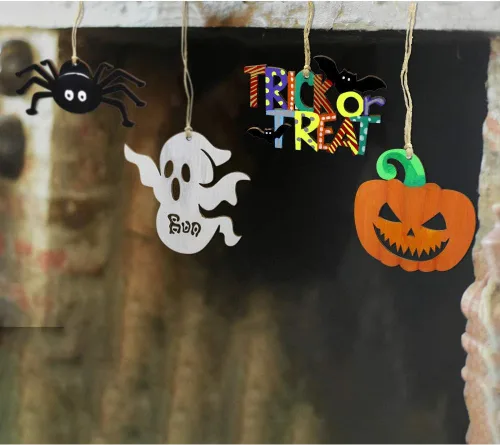 Vista 7 de Hidreas 60 piezas de adornos de madera sin terminar de Halloween, kit de manualidades de Halloween, recortes de madera con 60 cuerdas de cordel