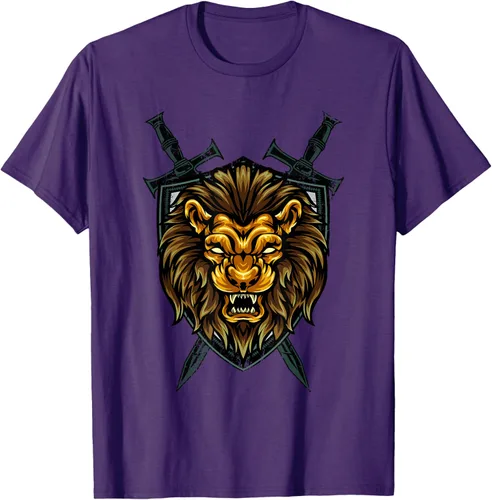 Vista 94 de Camiseta con diseño de caballero medieval renacentista, con diseño de espada de león, Negro, S
