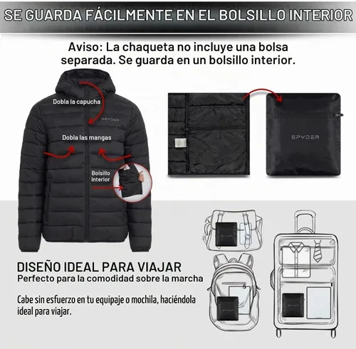 Vista 4 de Spyder Chaqueta acolchada plegable para hombre con capucha, chaquetas de invierno ligeras para hombre Negro