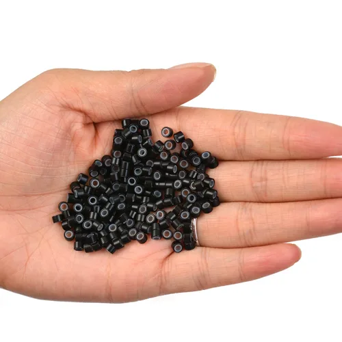 Vista 3 de 200 cuentas de oropel forradas de silicona de 0.157 in para extensiones de cabello (negro)