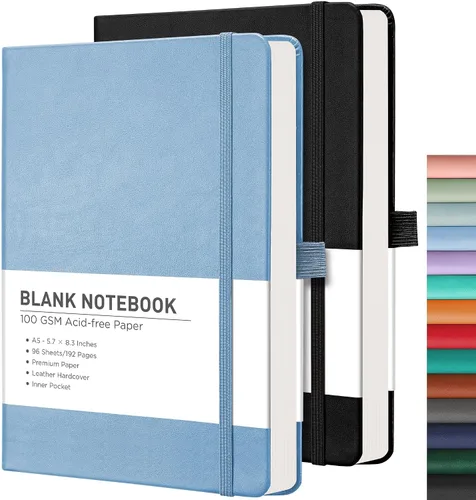 Vista 51 de RETTACY Lined Journal Notebook, 192 Numbered Pages per Pack, 5.7'' x 8.3'' 2-Pack, Leather Hardcover, 100 GSM Thick Paper, for Men & Women, Negro