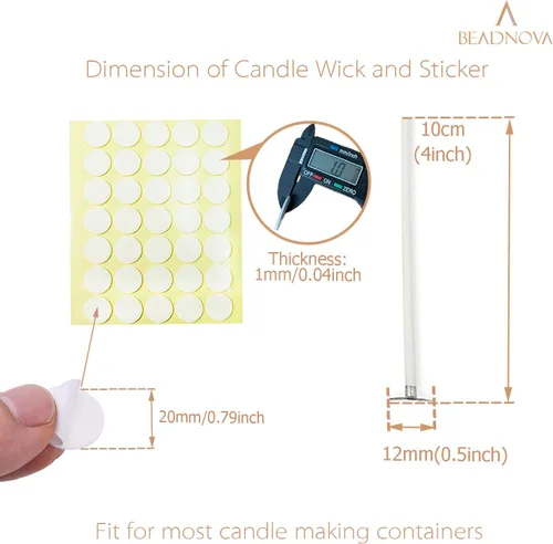 Vista 2 de BEADNOVA Mechas de algodón para velas de 4 pulgadas, 50 piezas con calcomanías, mechas cortas para hacer velas y calcomanías de doble cara