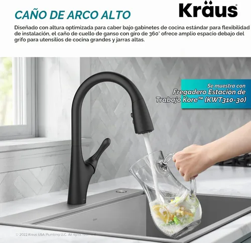 Vista 5 de Kraus Merlin - Grifo de cocina con un solo mango extraíble en transición, color negro mate, KPF-1674MB